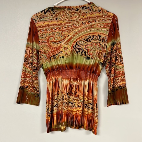 Super Cute Rust & Orange BOHO V-neck top, 3/4 sleeves, gathered waist, M - Picture 3 of 8